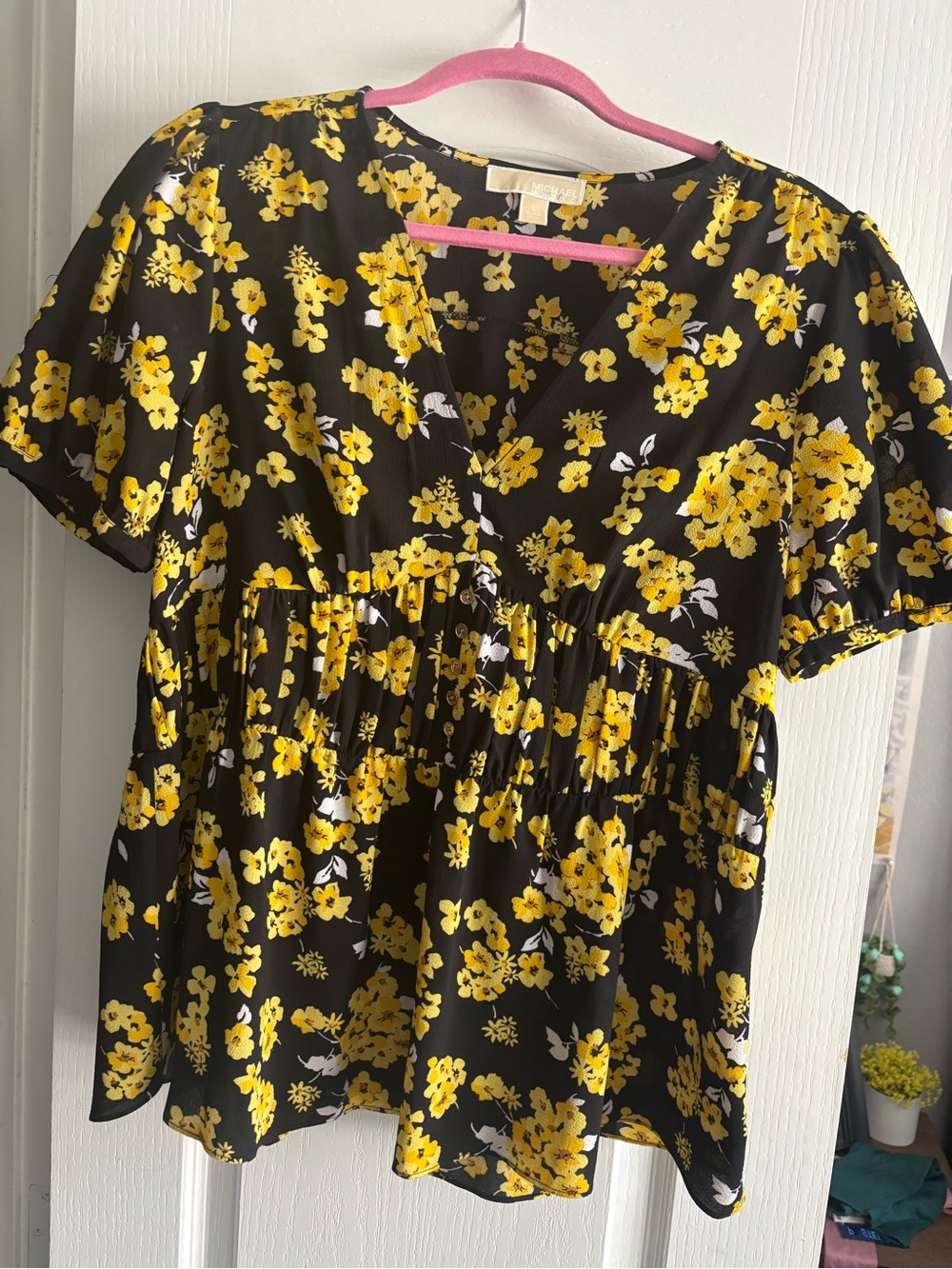 Michael Kors Black V-Neck Yellow Floral Babydoll Tunic